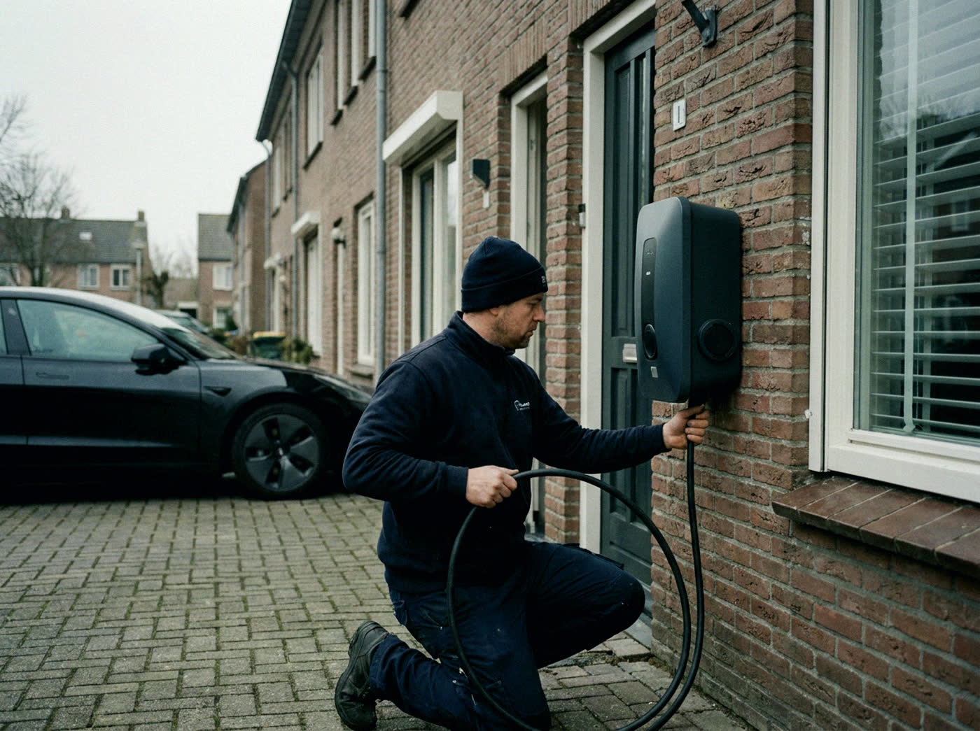 Elektricien hangt een laadpaal aan de gevel